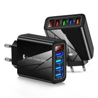 Mobile phone charger with digital display and 4 USB EU-European standard black