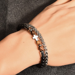 Hematite and tiger eye bracelet with metal inserts