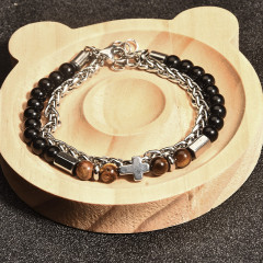Hematite and tiger eye bracelet with metal inserts