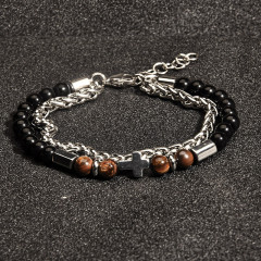Hematite and tiger eye bracelet with metal inserts