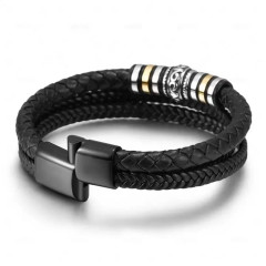 Men's leather bracelet with braiding and metal inserts, black