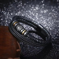 Men's leather bracelet with braiding and metal inserts, black