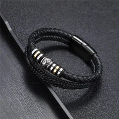 Men's leather bracelet with braiding and metal inserts, black