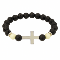 Браслет с крестом из вулканического камня и флюорита светящийся в темноте светло-голубой