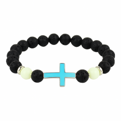 Браслет з хрестом з вулканічного каменю і флюориту, що світиться в темряві блакитний