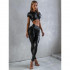 Women's leather suit with a short top and fitted pants, black, size S