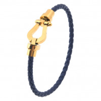 Leather cord bracelet with stainless steel horseshoe buckle, blue with gold, 21 cm