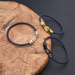 Leather rope bracelet with stainless steel horseshoe buckle, blue with black, 21 cm