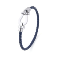 Leather rope bracelet with stainless steel horseshoe buckle, blue with silver, 21 cm