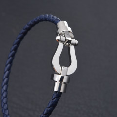 Leather rope bracelet with stainless steel horseshoe buckle, blue with silver, 21 cm