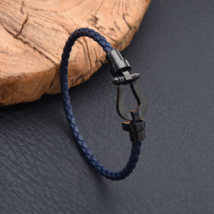 Leather rope bracelet with stainless steel horseshoe buckle, blue with black, 21 cm