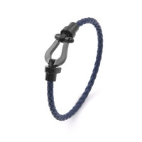 Leather rope bracelet with stainless steel horseshoe buckle, blue with black, 21 cm