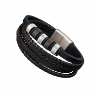 Шкіряний браслет багатошаровий зі вставками з нержавіючої сталі чорний зі сріблом 21 см
