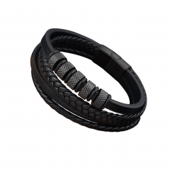 Шкіряний браслет багатошаровий зі вставками з нержавіючої сталі чорний 21 см
