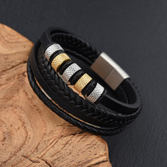 Кожаный браслет многослойный со вставками из нержавеющей стали чёрный с золотом и серебром 21 см