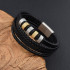 Кожаный браслет многослойный со вставками из нержавеющей стали чёрный с золотом и серебром 21 см