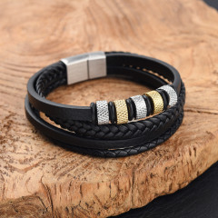 Кожаный браслет многослойный со вставками из нержавеющей стали чёрный с золотом и серебром 21 см
