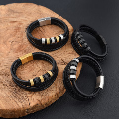 Кожаный браслет многослойный со вставками из нержавеющей стали чёрный с золотом и серебром 21 см