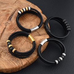 Кожаный браслет многослойный со вставками из нержавеющей стали чёрный с золотом и серебром 21 см