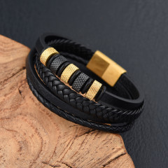 Шкіряний браслет багатошаровий з вставками з нержавіючої сталі чорний з золотом 21 см