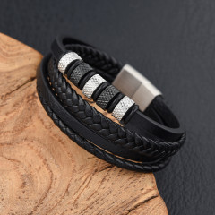Шкіряний браслет багатошаровий зі вставками з нержавіючої сталі чорний зі сріблом 21 см