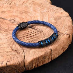 Кожаный плетеный браслет со вставками из титановой стали синий с черным 21 см