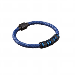 Шкіряний плетений браслет зі вставками з титанової сталі синій з чорним 21 см