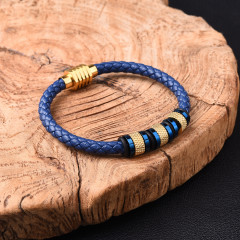 Leather Braided Bracelet with Titanium Steel Inserts Blue with Gold 21 cm