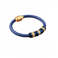 Leather Braided Bracelet with Titanium Steel Inserts Blue with Gold 21 cm