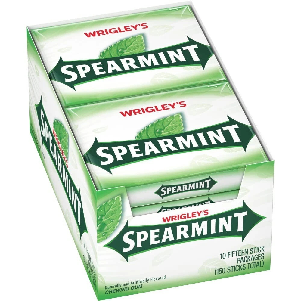 Wrigley's Spearmint chewing gum mint set of 10 packs of 15 sticks 150 pieces