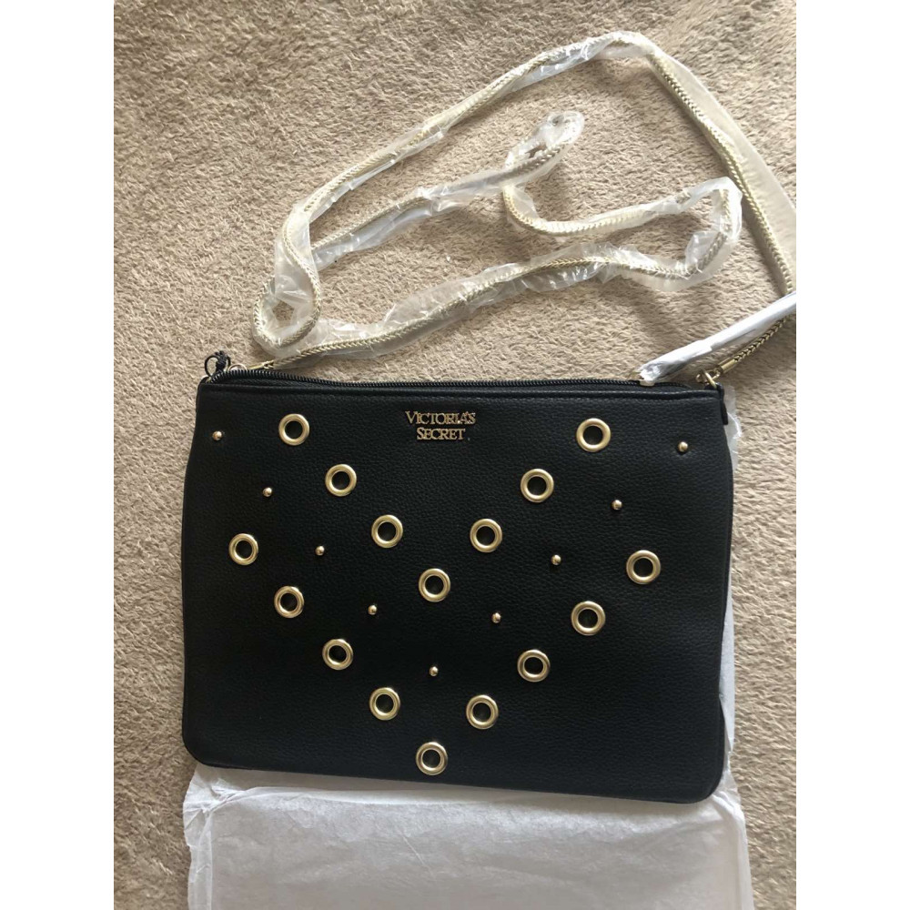 Women's mini bag with chain Victoria's Secret V-Quilt Studded Grommet, black with metal rings, 25x18 cm