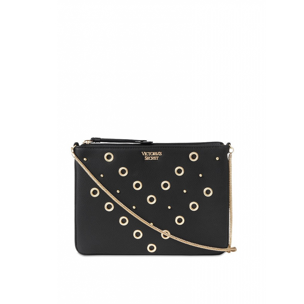 Women's mini bag with chain Victoria's Secret V-Quilt Studded Grommet, black with metal rings, 25x18 cm