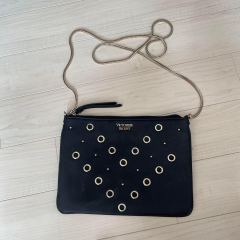 Women's mini bag with chain Victoria's Secret V-Quilt Studded Grommet, black with metal rings, 25x18 cm