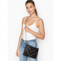 Women's mini bag with chain Victoria's Secret V-Quilt Studded Grommet, black with metal rings, 25x18 cm
