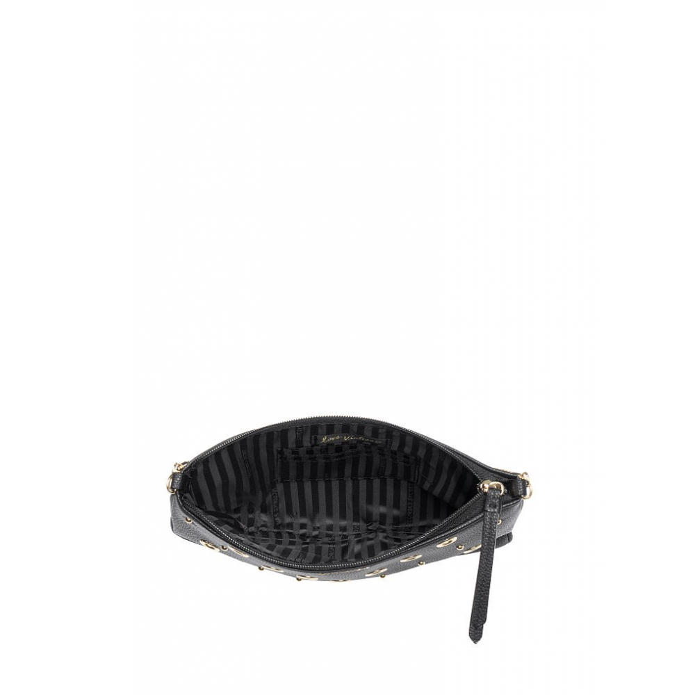 Women's mini bag with chain Victoria's Secret V-Quilt Studded Grommet, black with metal rings, 25x18 cm