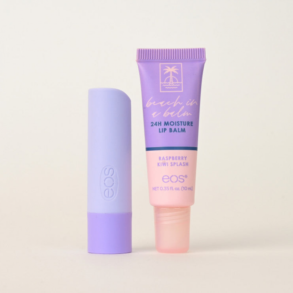 Set of EOS Flavorlab Paradise moisturizing lip balms with kiwi and raspberry scent 4 g and 10 ml
