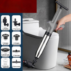 Stainless steel pneumatic plunger for pipe cleaning with pressure gauge and nozzles, gray