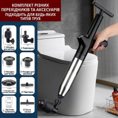 Stainless steel pneumatic plunger for pipe cleaning with pressure gauge and black nozzles