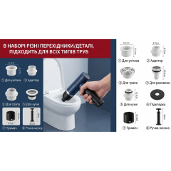 Stainless steel pneumatic plunger for pipe cleaning with pressure gauge and white nozzles