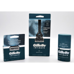 Men's razor for intimate areas Gillette Intimate, 6-blade cartridge, stand, and soothing stick.