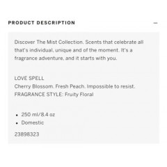 Perfumed set Victoria's Secret of two sprays and two body lotions Love Spell (250 ml and 236 ml)