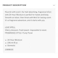 Perfumed set Victoria's Secret of two sprays and two body lotions Love Spell (250 ml and 236 ml)