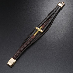 Браслет плетений унісекс коричнева шкіра і золотая фурнітура