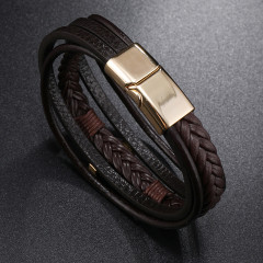 Браслет плетений унісекс коричнева шкіра і золотая фурнітура