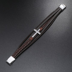 Браслет плетений унісекс коричнева шкіра і срібляста фурнітура