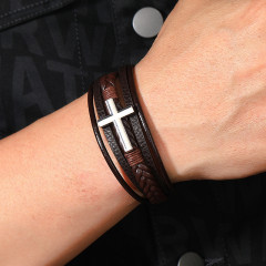 Браслет плетений унісекс коричнева шкіра і срібляста фурнітура