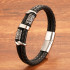 Handmade black leather and stainless steel Nordic Viking bracelet with double layer beads 22 cm