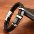 Handmade black leather and stainless steel Nordic Viking bracelet with double layer beads 22 cm