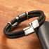 Handmade black leather and stainless steel Nordic Viking bracelet with double layer beads 22 cm