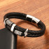 Handmade black leather and stainless steel Nordic Viking bracelet with double layer beads 22 cm